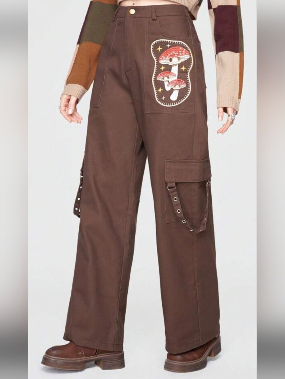 Fairycore Mushroom Patch Cargo Pants Brown Cotton Denim with Flap Pocket size XS